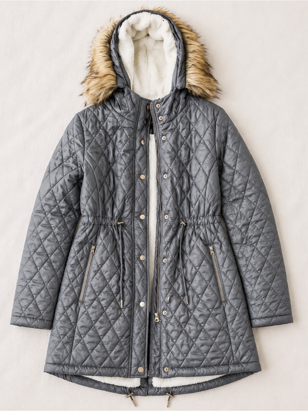 Jessica Simpson Quilted Puffer Coat in Charcoal with Faux Fur Hood